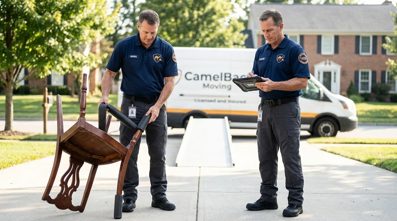 Movers inspecting furniture for damage prevention before loading in Allison Park, PA