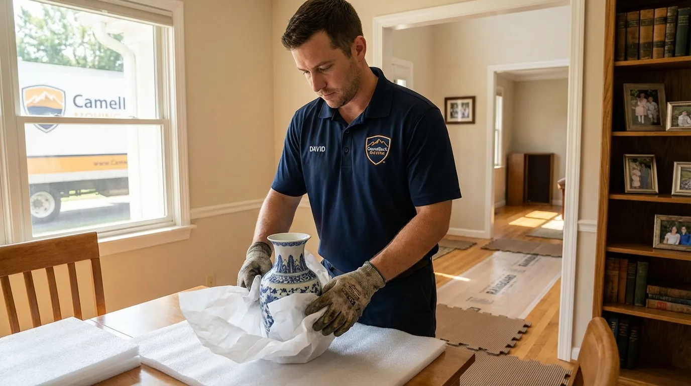 Professional crew carefully wrapping antique vase for senior downsizing move in Allison Park, PA